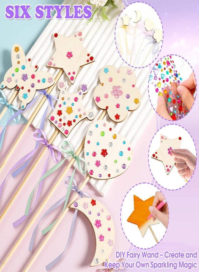 FEMBW 58PCS DIY Princess Fairy Wand Kit - 18 Wooden Wands, 18 Ribbons, 4 Gem Crowns, 6 Sheets Stickers, 12 Markers - Star, Heart, Moon, Crown, Butterfly, Flower Shapes - Birthday Craft Gift for Girls - Image 3